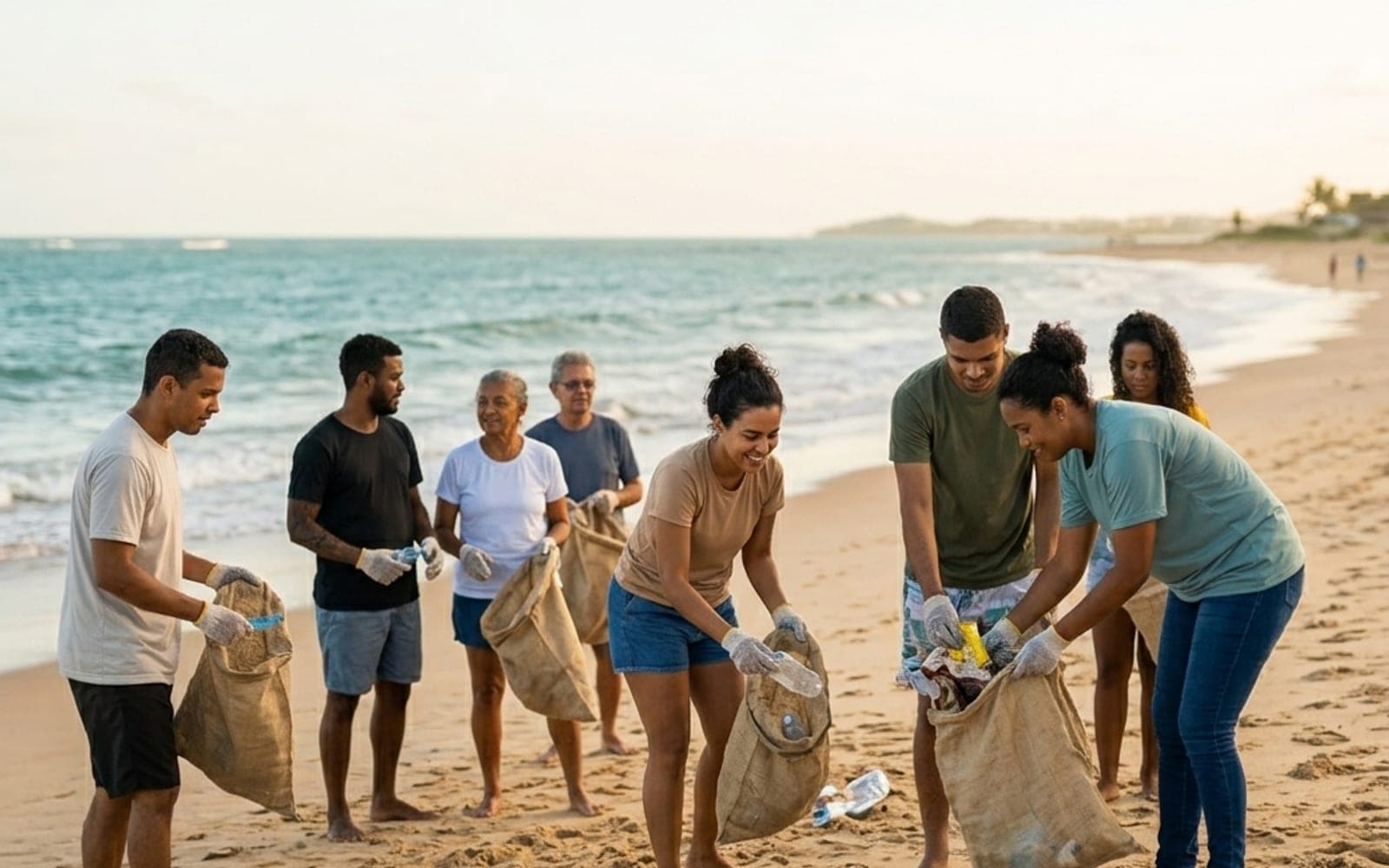 Voluntários do Instituto Renova Cabedelo recolhendo lixo numa praia de Cabedelo ao entardecer